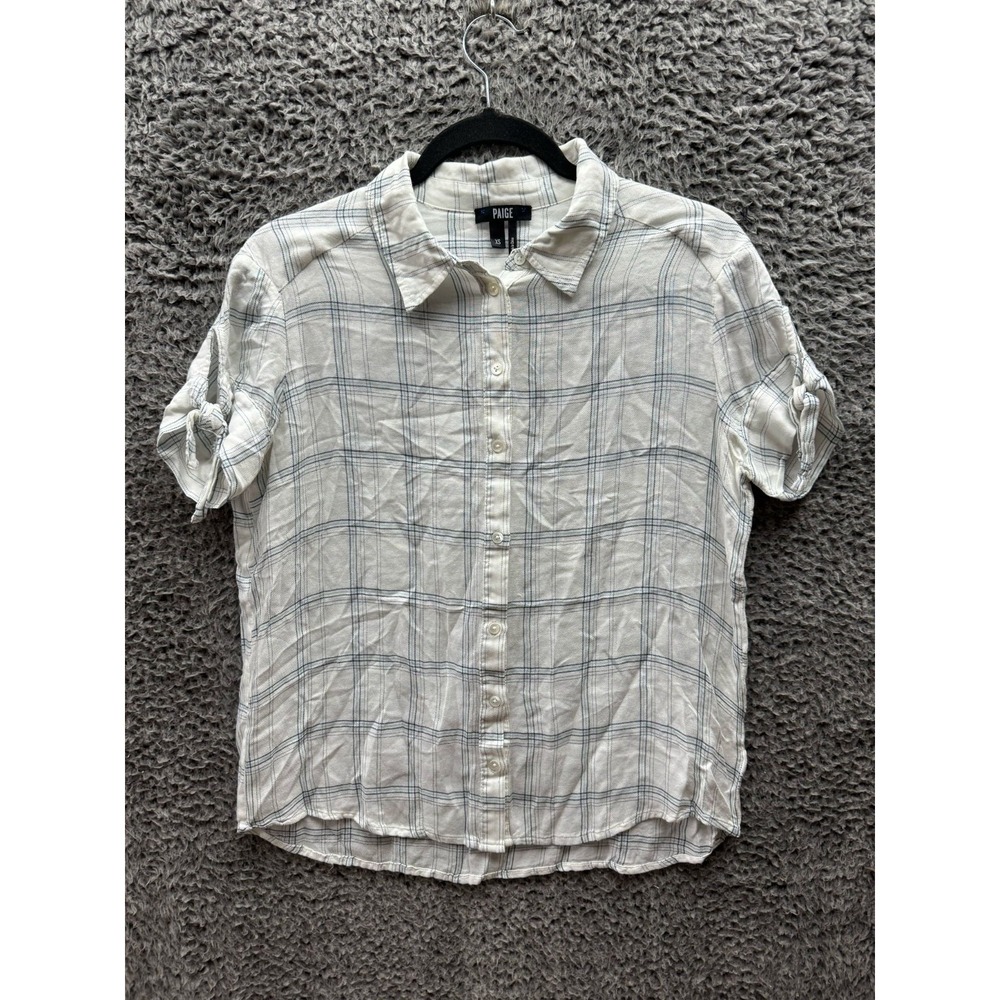 Paige Avery Plaid Short Sleeve Button-Down Shirt White Womens Size‎ XS